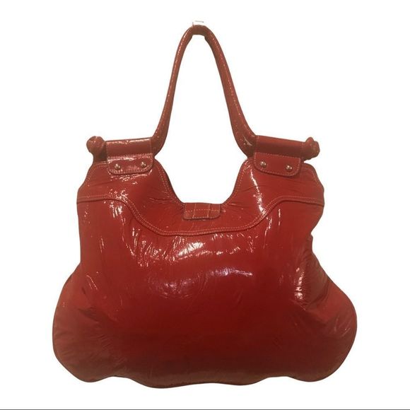 EMILIE M. Tote Oversized Red Silver Hardware Pockets In & Outside 17”x 14” - Picture 5 of 9